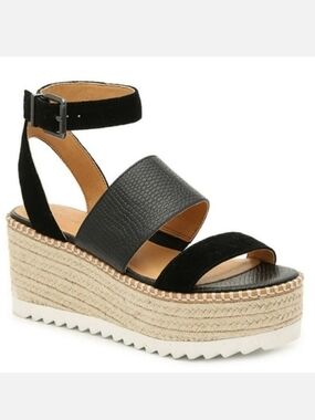 Crown Vintage Black Strappy Espadrille Wedge Platform Sandals - Size 6.5 Womens